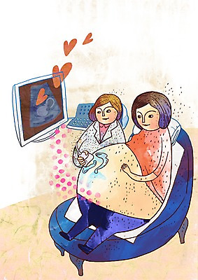 PSD 여자 일러스트 의학 의료기기 실내 병원 사람 두명 치료 기계 임산부 임신 진료 장비 환자 의사 신생아 검사_조사 산부인과 의료기계 초음파검사 여자만 아기만 여자아기만 국내일러스트 내부 의료진 아기 파일형식