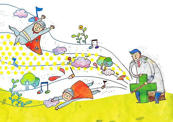 PSD 나무 구름 여자 남자 꽃 어린이 십자가 연주 음표 일러스트 의학 병원 사람 야외 치료 세명 새싹 의사 풀 망토 소아과 어린이만 국내일러스트 자연요소 식물 기호 음악 의료진 파일형식