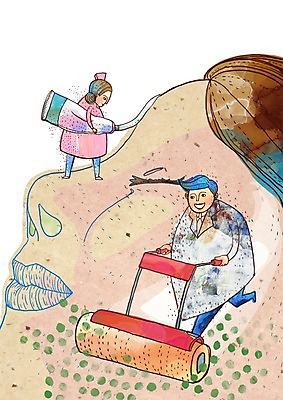 PSD 여자 남자 얼굴 일러스트 의학 병원 사람 치료 세명 진료 환자 간호사 의사 피부 연고 피부과 국내일러스트 신체부위 의료진 파일형식