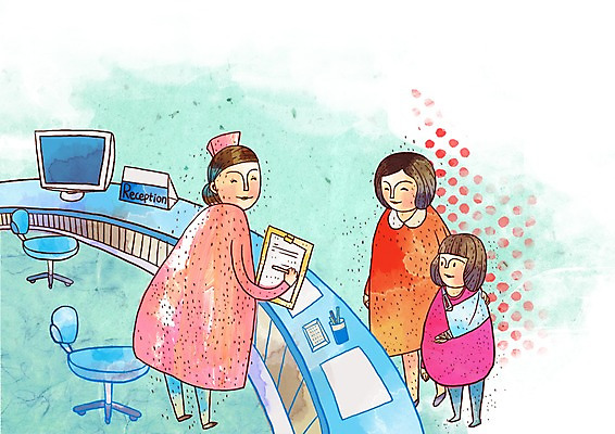 PSD 여자 어린이 의자 일러스트 의학 모녀 실내 병원 사람 소녀 치료 세명 컴퓨터 환자 간호사 프런트 소아과 서류판 여자만 국내일러스트 딸 가구 가족 엄마 내부 전자제품 사무용품 의료진 파일형식