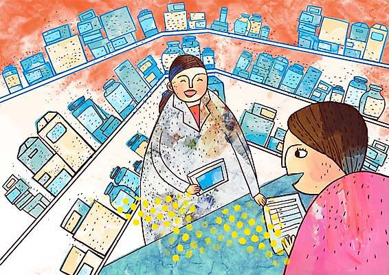 PSD 여자 일러스트 의학 실내 사람 두명 치료 약 환자 약국 약사 진단서 처방전 여자만 국내일러스트 내부 진료 파일형식