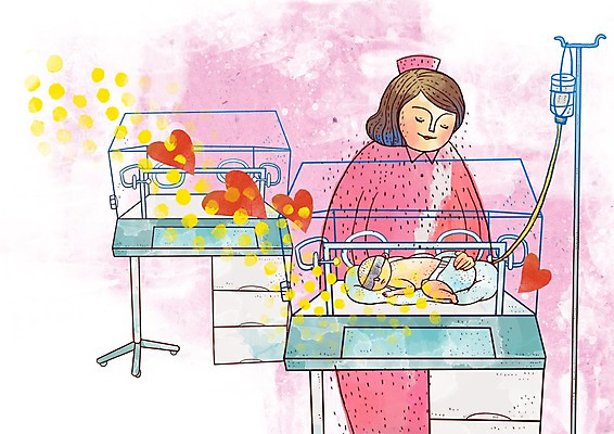 PSD 여자 일러스트 의학 의료기기 실내 병원 사랑 사람 두명 치료 간호사 아기 신생아 링거 산부인과 의료기계 인큐베이터 여자만 아기만 여자아기만 국내일러스트 감정 내부 의료진 파일형식