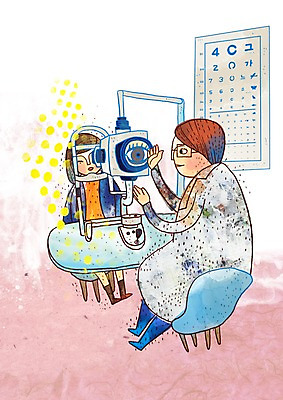 PSD 여자 남자 의자 일러스트 의학 의료기기 실내 병원 사람 두명 신체부위 치료 기계 진료 장비 환자 의사 검사_조사 안과 시력검사 의료기계 안구 국내일러스트 가구 내부 의료진 파일형식