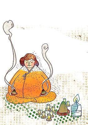 PSD 전통 여자 일러스트 의학 실내 한명 사람 치료 한의학 의사 램프 연기 전통의상 한의원 한의사 뜸 여자만 여자한명만 국내일러스트 1 조명 병원 내부 의료진 파일형식