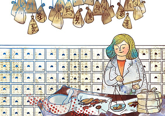 PSD 여자 일러스트 의학 실내 한명 사람 치료 약 한의학 의사 약재 약초 한약 보관함 서랍장 한의원 한의사 여자만 여자한명만 국내일러스트 1 가구 병원 내부 의료진 풀_식물 파일형식