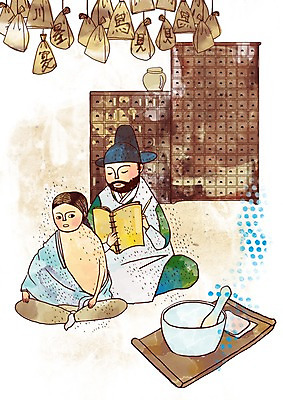 PSD 전통 여자 남자 일러스트 의학 실내 사람 두명 치료 책 약 한의학 환자 의사 약재 전통의상 조선시대 보관함 서랍장 한의원 한의사 약탕기 침술 국내일러스트 갓모자 모자_잡화 가구 주방용품 전통소품 병원 내부 의료진 역사 파일형식