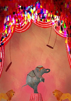 PSD 동물 척추동물 육지동물 백그라운드 일러스트 포유류 코끼리 실내 이벤트 사람없음 세로 컬러풀 공백 커튼 사자 서커스 알림 그네 오색 국내일러스트 컬러 내부 파일형식