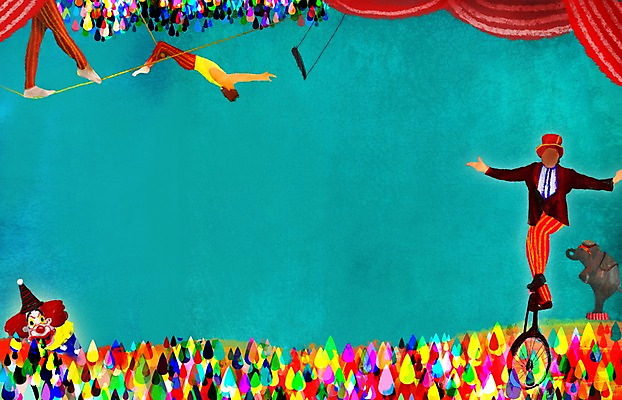 PSD 남자 컬러 백그라운드 일러스트 코끼리 실내 사람 이벤트 가로 세명 초록색 컬러풀 공백 광대 피에로 묘기 서커스 알림 곡예사 오색 외발자전거 외줄타기 남자만 국내일러스트 직업 포유류 내부 자전거 줄타기 파일형식