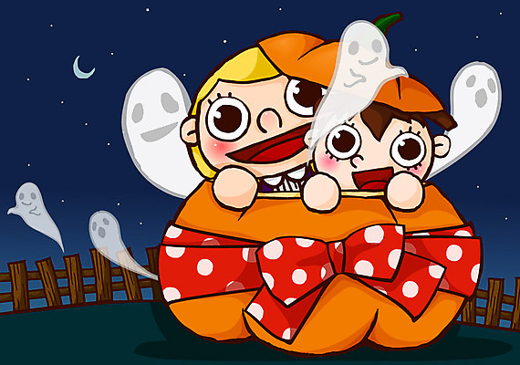 EPS 캐릭터 여자 기념일 남자 리본 어린이 일러스트 호박 사람 소녀 이벤트 소년 야외 두명 장식 가로 울타리 축제 할로윈 달 유령 야간 초승달 어린이만 일러캐릭터 자연요소 채소 담장 파일형식 벡터