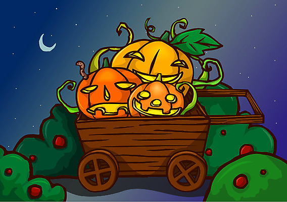 EPS 캐릭터 기념일 채소 일러스트 식재료 호박 이벤트 사람없음 야외 가로 축제 수레 할로윈 달 야간 숲 초승달 호박넝쿨 일러캐릭터 자연요소 카트 덩굴 파일형식 벡터