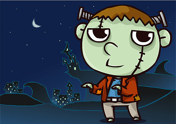 EPS 캐릭터 기념일 남자 초등학생 어린이 일러스트 한명 사람 이벤트 소년 야외 가로 분장 축제 할로윈 달 유령 야간 초승달 몬스터 프랑켄슈타인 남자만 남자한명만 어린이만 소년만 소년한명만 일러캐릭터 자연요소 1 학생 파일형식 벡터