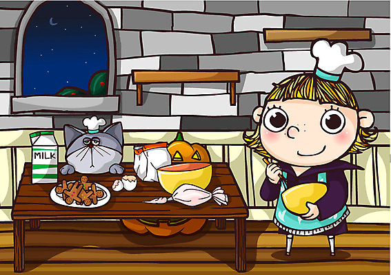 EPS 동물 캐릭터 그릇 여자 기념일 초등학생 어린이 가사 일러스트 탁자 호박 벽돌 선반 실내 요리사모자 요리 한명 사람 소녀 이벤트 가로 쿠키 과자 축제 고양이 앞치마 할로윈 우유 달 야간 초승달 계란껍데기 거품기 여자만 여자한명만 어린이만 소녀만 소녀한명만 일러캐릭터 자연요소 모자_잡화 1 학생 식기 가구 채소 포유류 주방용품 디저트 유제품 내부 반려동물 계란 요리사 파일형식 벡터