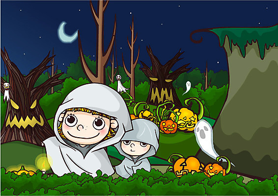 EPS 나무 식물 캐릭터 여자 기념일 남자 어린이 일러스트 초 호박 조명 사람 소녀 이벤트 소년 야외 두명 가로 분장 축제 절벽 할로윈 달 유령 야간 초승달 호박넝쿨 어린이만 일러캐릭터 자연요소 채소 덩굴 파일형식 벡터