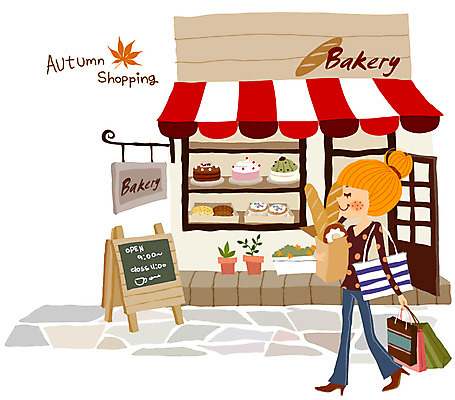 우먼라이프 계절 여자 일러스트 자연 사람 라이프 쇼핑 케이크 빵집 가을 여자만 국내일러스트 라이프스타일 디저트 생활 상점 생태계