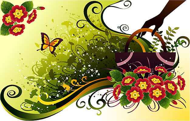 EPS 식물 잡화 꽃 컬러 나비 백그라운드 가방 일러스트 자연 사람없음 팝아트 프리뮬러 국내일러스트 곤충 그림 생태계 파일형식 벡터