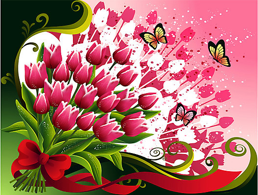 EPS 식물 꽃 컬러 꽃다발 나비 백그라운드 일러스트 자연 사람없음 빨간색 튤립 팝아트 국내일러스트 곤충 그림 생태계 파일형식 벡터