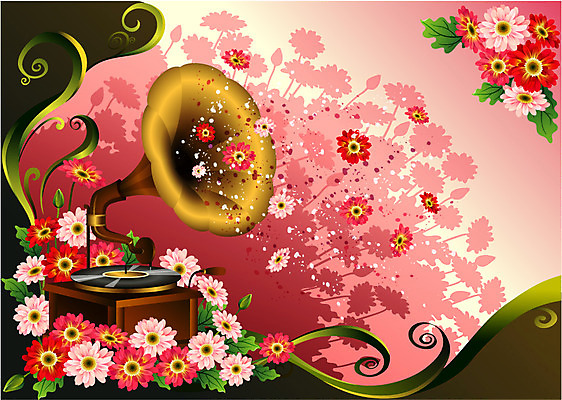 EPS 식물 꽃 분홍색 컬러 백그라운드 일러스트 자연 사람없음 빨간색 데이지 팝아트 축음기 국내일러스트 음향기기 골동품 그림 생태계 파일형식 벡터