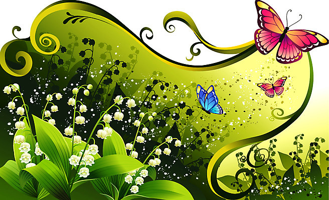 EPS 식물 꽃 컬러 나비 백그라운드 일러스트 자연 사람없음 팝아트 은방울꽃 국내일러스트 곤충 그림 생태계 파일형식 벡터