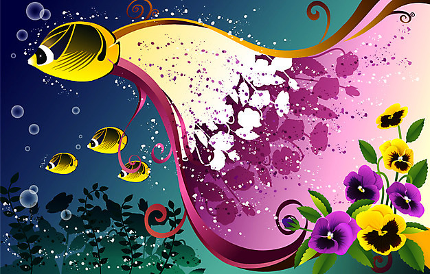 EPS 식물 꽃 컬러 백그라운드 일러스트 자연 관상어 어류 사람없음 노란색 보라색 팝아트 팬지 국내일러스트 수중동물 그림 생태계 파일형식 벡터