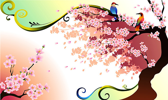 EPS 식물 꽃 분홍색 컬러 백그라운드 일러스트 봄꽃 자연 조류 사람없음 벚꽃 팝아트 국내일러스트 동물 봄 그림 생태계 파일형식 벡터