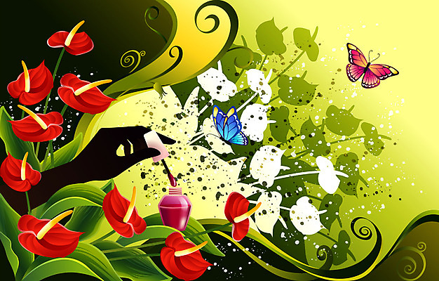 EPS 식물 꽃 컬러 나비 백그라운드 일러스트 자연 사람없음 빨간색 매니큐어 팝아트 안스리움 국내일러스트 곤충 화장품 그림 생태계 파일형식 벡터