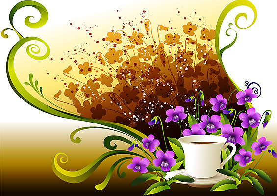 EPS 식물 꽃 커피 컬러 백그라운드 일러스트 자연 잔 사람없음 컵 보라색 커피잔 제비꽃 팝아트 국내일러스트 식기 음료 그림 생태계 파일형식 벡터