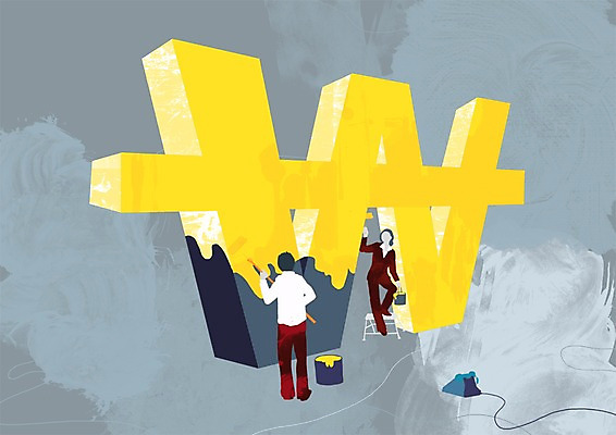 PSD 여자 남자 컬러 일러스트 비즈니스 페인팅 사람 두명 금융 경제 노란색 글로벌비즈니스 페인트 비즈니스맨 비즈니스우먼 색칠 칠 페인트칠 원화 전화기 롤러 통화 자산관리 국내일러스트 돈 모션 글로벌 직장인 파일형식