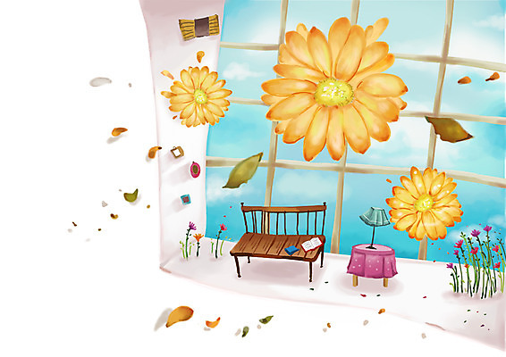 PSD 구름 꽃잎 꽃 백그라운드 낙엽 벤치 의자 일러스트 창문 탁자 하늘 나뭇잎 조명 사람없음 책 가로 가을 스탠드 배경삽화 가을배경 국내일러스트 자연요소 식물 계절 가구 잎 파일형식 가을_계절