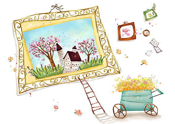 PSD 나무 식물 꽃잎 꽃 생활용품 액자 백그라운드 일러스트 사다리 주택 프레임 그림자 틀 초원 사람없음 건물 가로 수레 메모지 배경삽화 국내일러스트 건축물 사무용품 카트 도구 오브젝트 파일형식