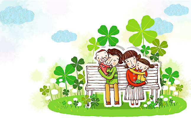 EPS 주간 구름 여자 남자 행복 어린이 벤치 의자 일러스트 가족 포옹 엄마 사랑 사람 소녀 이벤트 여러명 야외 부모 아기 신생아 아빠 네잎클로버 클로버 국내일러스트 자연요소 식물 감정 가구 다수 관계 안기 파일형식 벡터