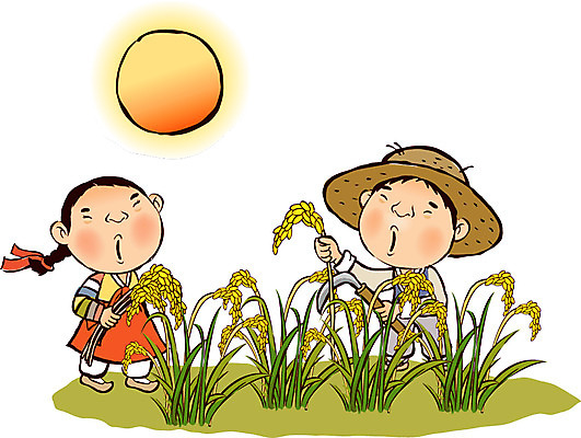 EPS 캐릭터 모자 계절 여자 명절 남자 어린이 일러스트 자연 전통캐릭터 곡류 논 사람 동양인 소녀 소년 야외 두명 추석 수확 추수 벼 보름달 달 가을 농촌 전통의상 한복 밀짚모자 낫 벼베기 어린이만 국내일러스트 일러캐릭터 자연요소 모자_잡화 한국전통 전통 잡화 기념일 농업 인종 시골 생태계 파일형식 벡터