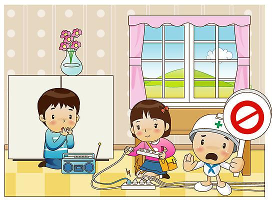 EPS 주간 캐릭터 여자 남자 어린이 일러스트 창문 탁자 실내 경고 안전 사람 소녀 소년 가로 세명 꽃병 팻말 방 가전제품 금지 커튼 장롱 콘센트 전기에너지 안전모 사회이슈 생활안전 안전수칙 조심 감전 누전 카세트플레이어 어린이만 국내일러스트 일러캐릭터 자연요소 꽃 가구 컨셉 프레임 내부 에너지 헬멧 안전장비 사건 플레이어 파일형식 벡터