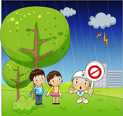 EPS 나무 캐릭터 여자 남자 어린이 일러스트 경고 안전 사람 소녀 빌딩 소년 야외 건물 가로 세명 팻말 금지 비 안전모 위험 번개 사회이슈 생활안전 안전수칙 조심 어린이만 국내일러스트 일러캐릭터 자연요소 식물 건축물 컨셉 날씨 프레임 헬멧 안전장비 파일형식 벡터