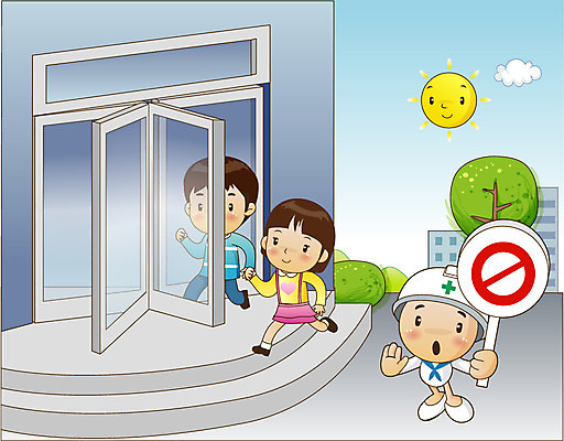 EPS 주간 나무 구름 캐릭터 여자 남자 어린이 일러스트 경고 안전 사람 소녀 빌딩 소년 야외 건물 가로 세명 달리기 태양 계단 팻말 금지 안전모 사회이슈 생활안전 안전수칙 조심 안전사고 회전문 어린이만 국내일러스트 일러캐릭터 자연요소 식물 건축물 컨셉 모션 프레임 문 헬멧 안전장비 사건 파일형식 벡터