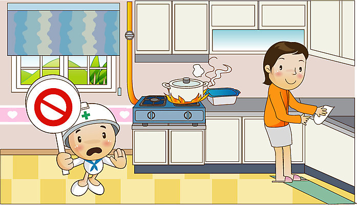 EPS 주간 캐릭터 여자 남자 일러스트 창문 불 실내 경고 안전 사람 두명 가로 주방 팻말 금지 블라인드 가스레인지 냄비 안전모 사회이슈 싱크대 화재 생활안전 안전수칙 조심 가스관 불조심 행주 국내일러스트 일러캐릭터 자연요소 컨셉 프레임 내부 가전제품 레인지 커튼 솥 헬멧 안전장비 사건 청소도구 개수대 파일형식 벡터