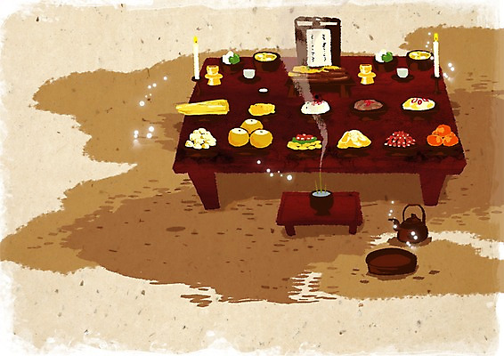 PSD 한국전통 계절 명절 한식 음식 일러스트 초 자연 밥 주전자 떡 실내 감 사람없음 추석 가을 배 밤 상차림 전 제사 국 제기_제사 향 제사상 산적 소반 북어포 적 국내일러스트 전통 기념일 과일 탁자 주방용품 한국 내부 견과류 전통의례 생태계 제사용품 파일형식 어포