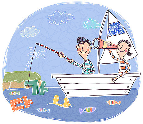 EPS 주간 구름 문자 학생 여자 어린이교육 교육 남자 초등학생 어린이 바다 섬 일러스트 교과목 하늘 낚시 어류 사람 소녀 소년 한글 야외 두명 야자수 망원경 낚싯대 돛단배 한글교육 선박 어린이만 국내일러스트 자연요소 나무 수상교통 배_교통 레저 수중동물 낚시용품 파일형식 벡터