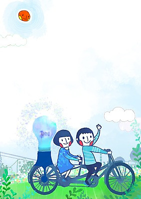 PSD 구름 여자 남자 어린이 백그라운드 일러스트 전구 조명 프레임 사람 소녀 소년 초원 두명 세로 태양 자전거 공백 에너지 그린에너지 무공해에너지 미래에너지 어린이만 국내일러스트 자연요소 바이크 파일형식