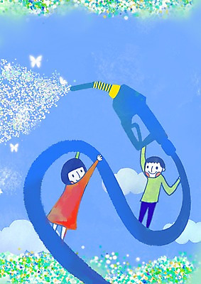 PSD 구름 여자 남자 어린이 나비 일러스트 사람 소녀 소년 두명 세로 에너지 그린에너지 석유 주유기 분사 미래에너지 석유에너지 어린이만 국내일러스트 자연요소 곤충 기계 주유 파일형식