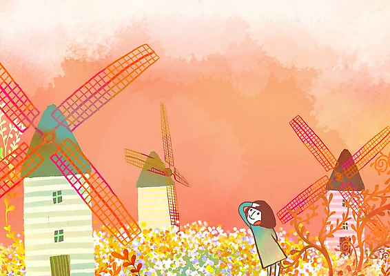 PSD 나무 식물 공공시설 여자 초등학생 어린이 줄기 백그라운드 일러스트 프레임 한명 사람 소녀 초원 가로 공백 풍차 에너지 그린에너지 풍력에너지 미래에너지 여자만 여자한명만 어린이만 소녀만 소녀한명만 국내일러스트 1 학생 시설 파일형식