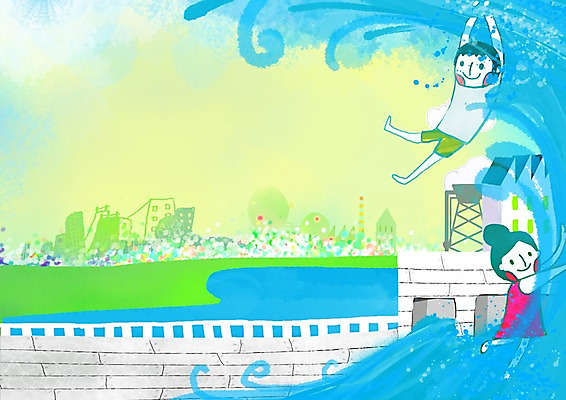 PSD 여자 남자 어린이 파도 바다 일러스트 사람 풍경 소녀 소년 두명 가로 발전소 에너지 도시 그린에너지 미래에너지 수력발전 어린이만 그린시티 국내일러스트 발전 수력에너지 파일형식 그린뉴딜