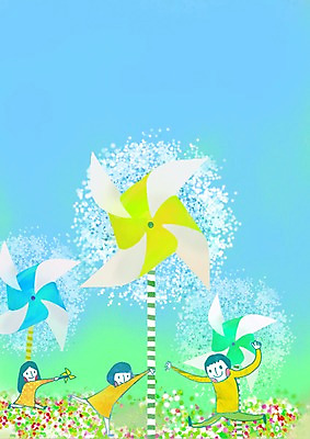 PSD 여자 남자 어린이 백그라운드 일러스트 프레임 사람 소녀 소년 초원 세로 세명 공백 에너지 그린에너지 바람개비 미래에너지 어린이만 국내일러스트 파일형식