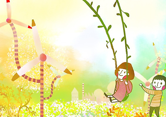 PSD 식물 여자 남자 어린이 줄기 일러스트 공장 사람 소녀 소년 초원 두명 건물 가로 발전소 에너지 그린에너지 풍력에너지 그네 산업시설 미래에너지 어린이만 국내일러스트 건축물 산업 공업 파일형식