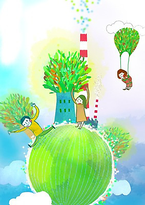 PSD 구름 여자 남자 지구 어린이 일러스트 공장 사람 소녀 세로 세명 발전소 에너지 비행 그린에너지 떨어짐 산업시설 낙하산 미래에너지 어린이만 국내일러스트 자연요소 산업 컨셉 공업 파일형식