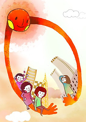 PSD 구름 여자 남자 어린이 일러스트 사람 소녀 빌딩 소년 여러명 건물 세로 태양 에너지 그린에너지 태양에너지 송전탑 미래에너지 어린이만 국내일러스트 자연요소 건축물 다수 탑 파일형식