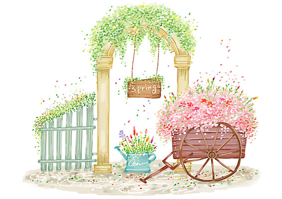 PSD 식물 계절 꽃 화초 육상교통 백그라운드 일러스트 자연 알림판 풍경 사람없음 야외 가로 울타리 수레 봄 물뿌리개 아치 봄배경 국내일러스트 교통수단 담장 카트 생태계 파일형식