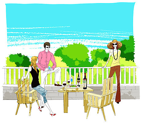 EPS 주간 모자 라이프스타일 그릇 접시 여자 남자 구두 셔츠 상의 술잔 의자 일러스트 바지 난간 탁자 하늘 술병 잔 사람 성인 야외 라이프 가로 세명 선글라스 민소매 파티 모임 발코니 숲 안주 칵테일잔 리빙스타일 사교모임 칵테일파티 성인만 국내일러스트 자연요소 식기 잡화 옷 안경 가구 신발 하의 병_용기 주류 이벤트 생활 리빙 파일형식 벡터