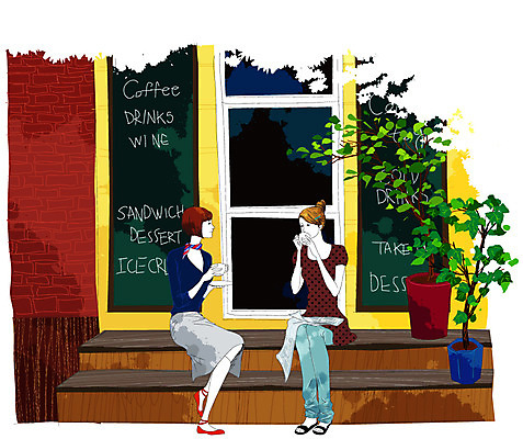 EPS 나무 식물 라이프스타일 여자 화분 커피 구두 벽 일러스트 바지 휴식 벽돌 출입구 대화 사람 성인 두명 라이프 가로 캐주얼 치마 문 계단 상점 스카프 카페 커피잔 블라우스 담소 리빙스타일 상업시설 여자만 성인여자만 성인만 국내일러스트 옷 음료 신발 컨셉 상의 하의 잔 말하기 생활 목도리 시설 상업 리빙 파일형식 벡터