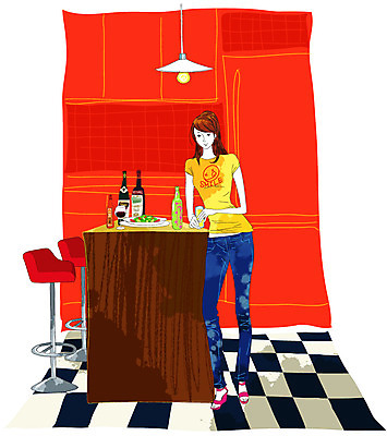 EPS 라이프스타일 그릇 접시 여자 음료 음식 술잔 의자 일러스트 탁자 술병 전등 조명 잔 실내 한명 사람 20대 성인 라이프 세로 주방 와인 청바지 샌들 리빙스타일 아일랜드식탁 여자만 여자한명만 성인여자만 청년만 청년여자만 성인한명만 청년여자한명만 성인여자한명만 성인만 혼족 국내일러스트 1 식기 가구 신발 바지 식탁 병_용기 주류 청년 내부 생활 리빙 싱글라이프 파일형식 벡터