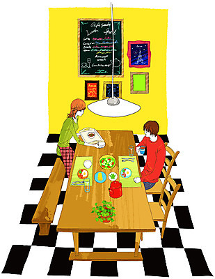 EPS 식물 라이프스타일 그릇 접시 여자 남자 화분 화초 음식 액자 포크 의자 일러스트 탁자 주전자 전등 조명 잔 쟁반 알림판 실내 사람 성인 두명 라이프 캐주얼 세로 하이앵글 주방 레스토랑 숟가락 식사 라운지 아침식사 물컵 브런치 리빙스타일 성인만 국내일러스트 식기 옷 뷰포인트 가구 주방용품 수저 내부 생활 컵 식당 리빙 파일형식 벡터